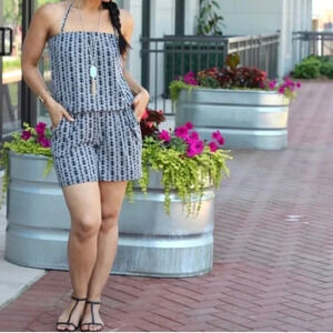 Cabi Blue Mosaic Tile Strapless Halter Romper